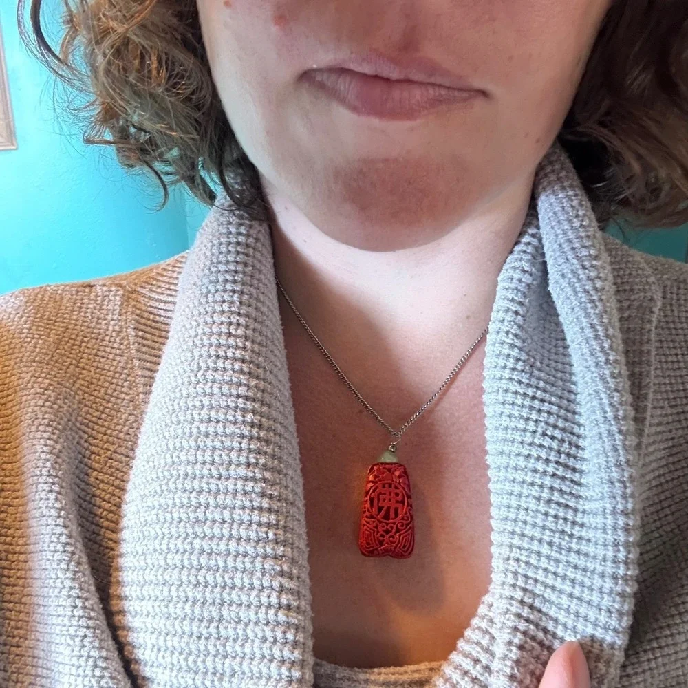Vintage Carved Red Cinnabar Pendant Necklace Jade Accent‎ Asian Boho